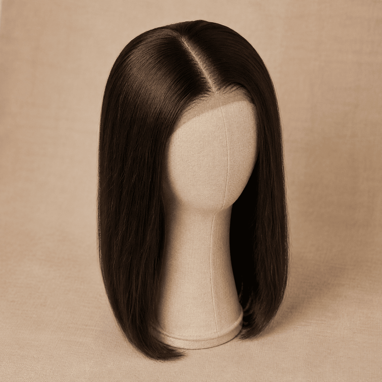 Deep-brown straight 5 by 5 closure human hair wig on a neutral mannequin head