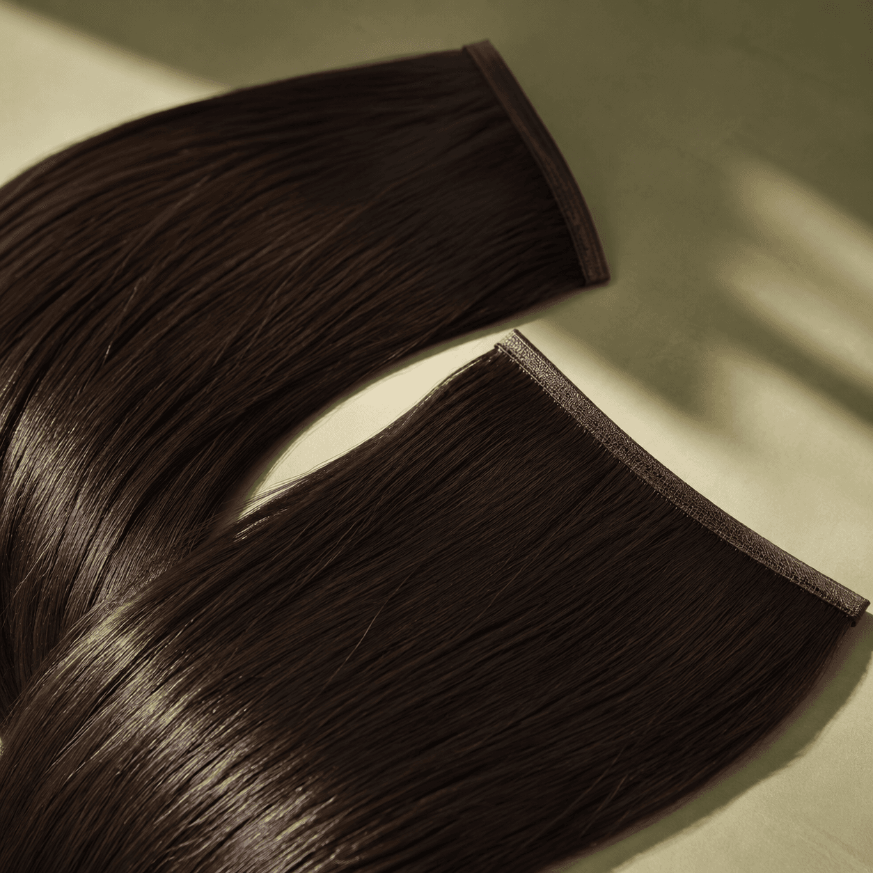 Two dark-chocolate genius human hair wefts showing a thin flexible seam