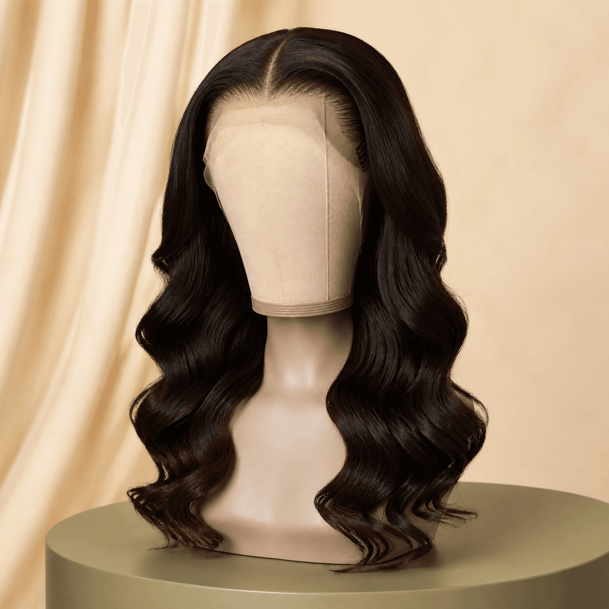 Dark-brown body-wave glueless lace wig displayed on a neutral mannequin head