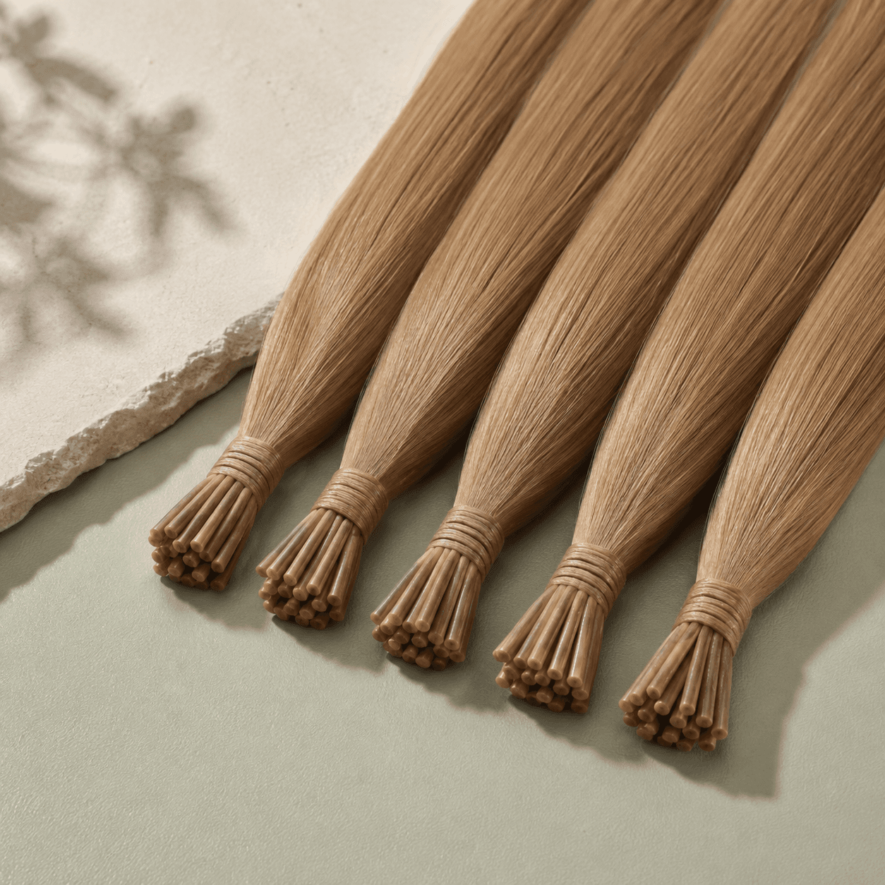 Dark-blonde I-tip human hair extension bundles with slim keratin stick tips
