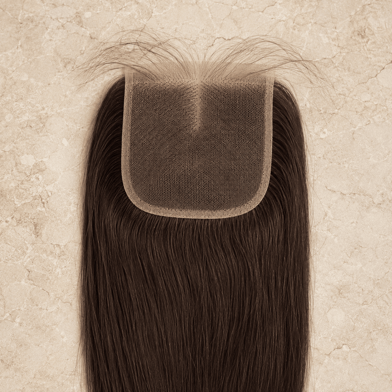 Underside of a 4 by 4 dark-brown human hair lace closure showing square lace base