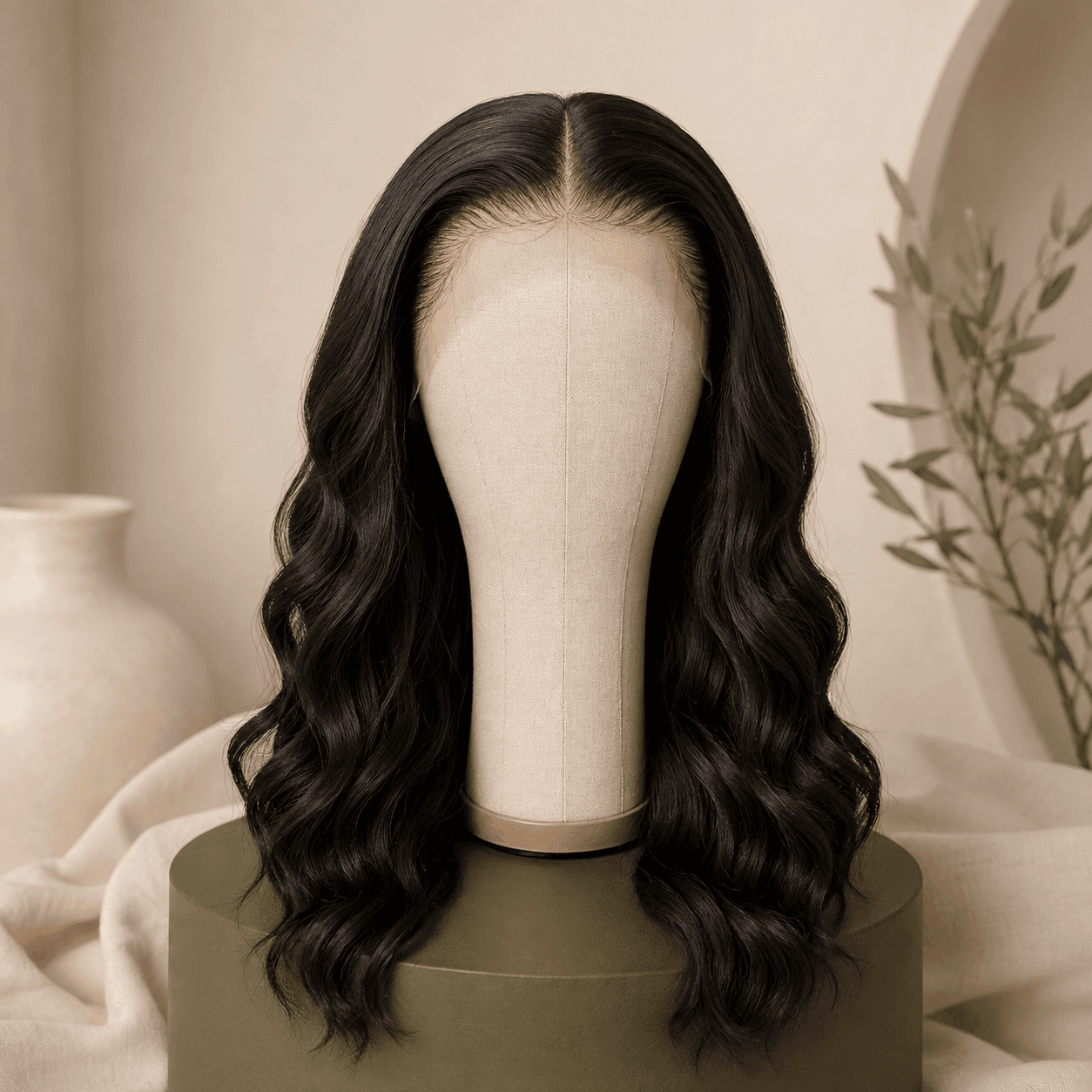 Natural-black loose-wave 13 by 4 lace-front human hair wig on a linen mannequin