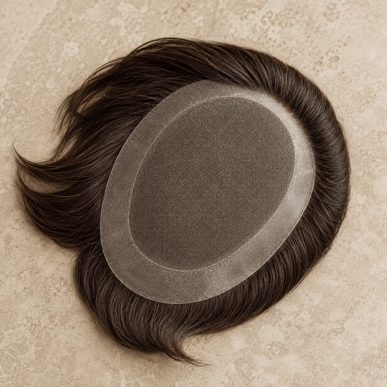 Underside of a dark-brown men's human hair toupee with poly perimeter and mono center