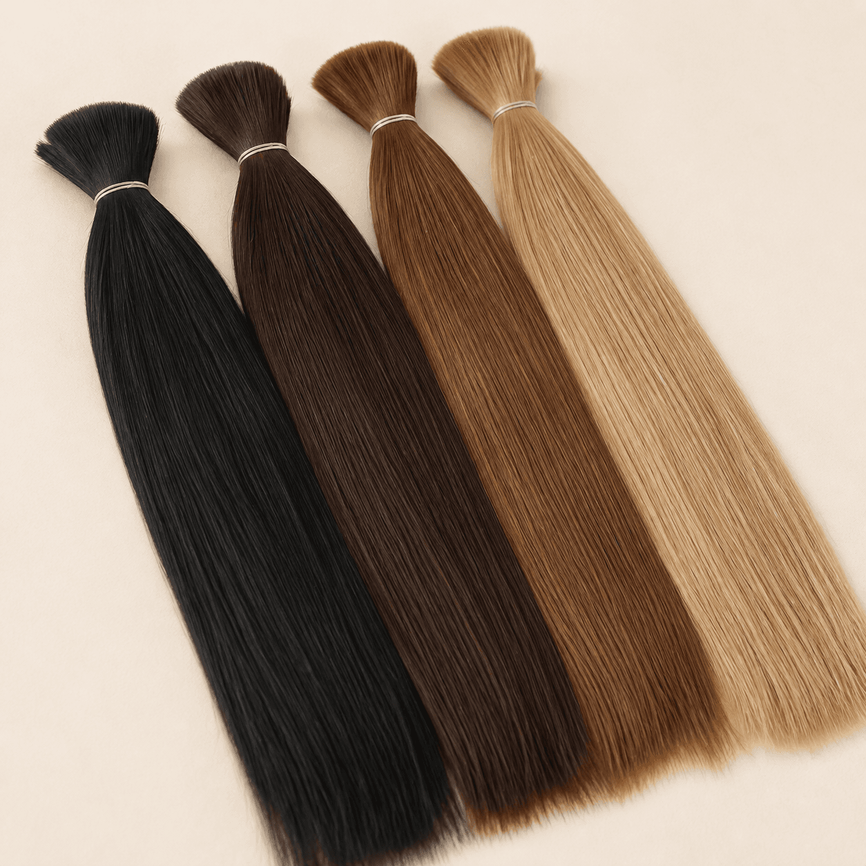 Four aligned loose Remy human hair bundles in natural black, brown and blonde shades