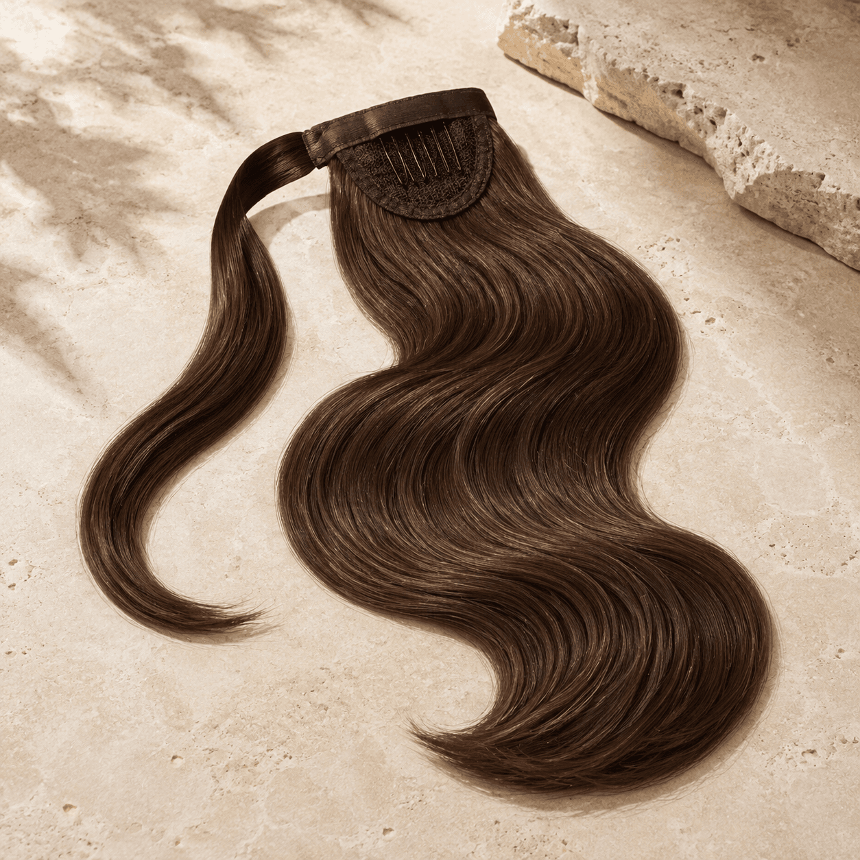 Chestnut body-wave wrap-around human hair ponytail with comb and wrap strand visible